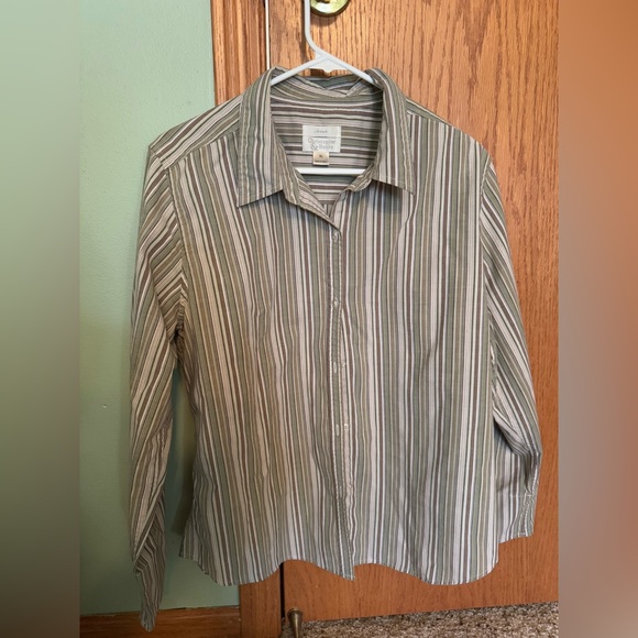 Christopher & Banks size XL green/tan striped button up blouse w slit open cuff - Picture 1 of 4